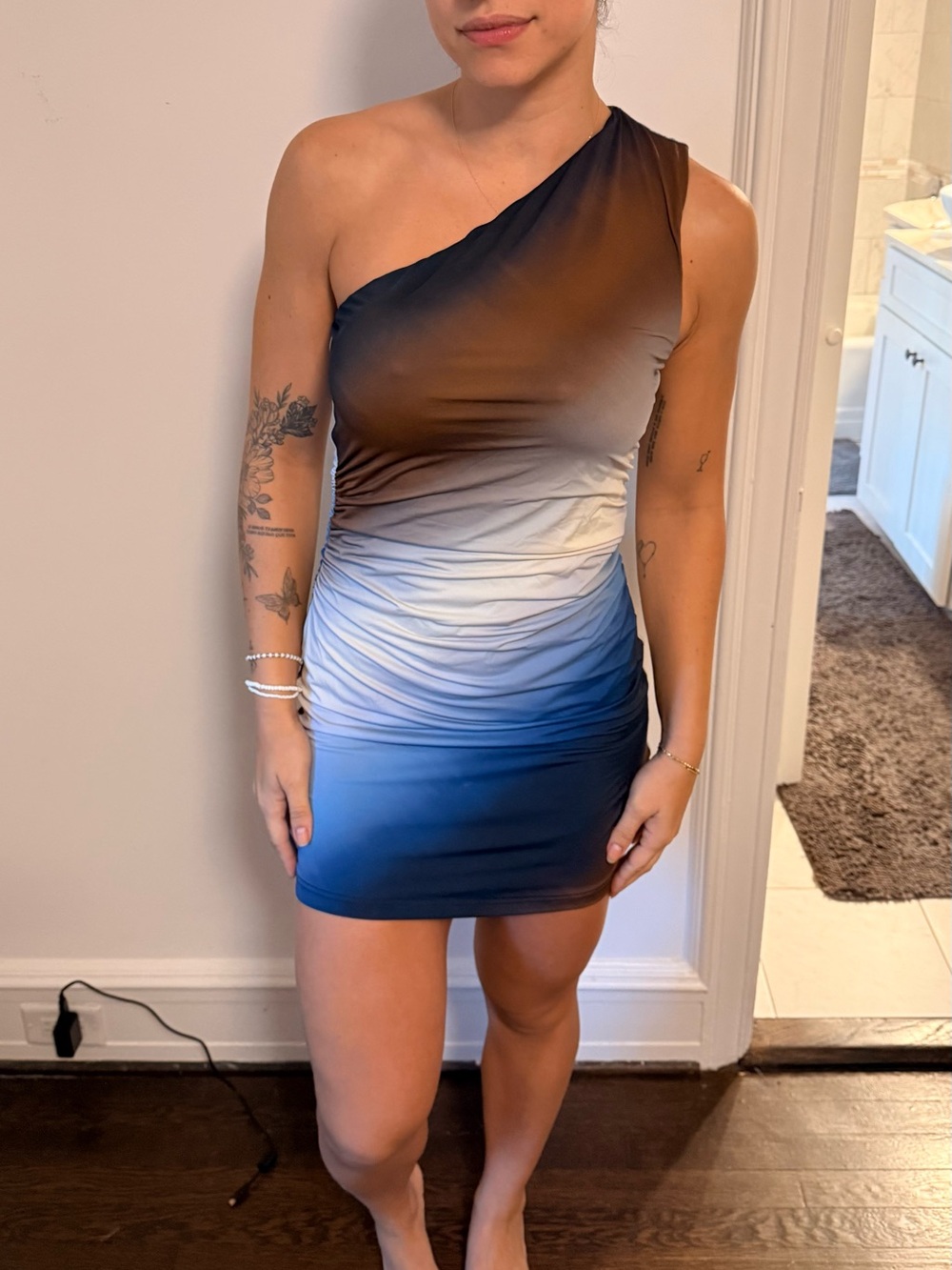 One-Shoulder Ombre Bodycon Dress in Blue